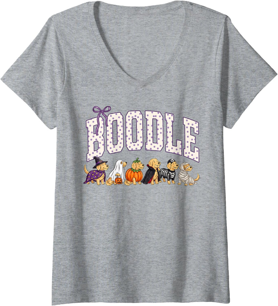 Women's Boodle Halloween Goldendoodle Monster Skeleton Doodle Dog V-Neck T-Shirt - Heather Grey
