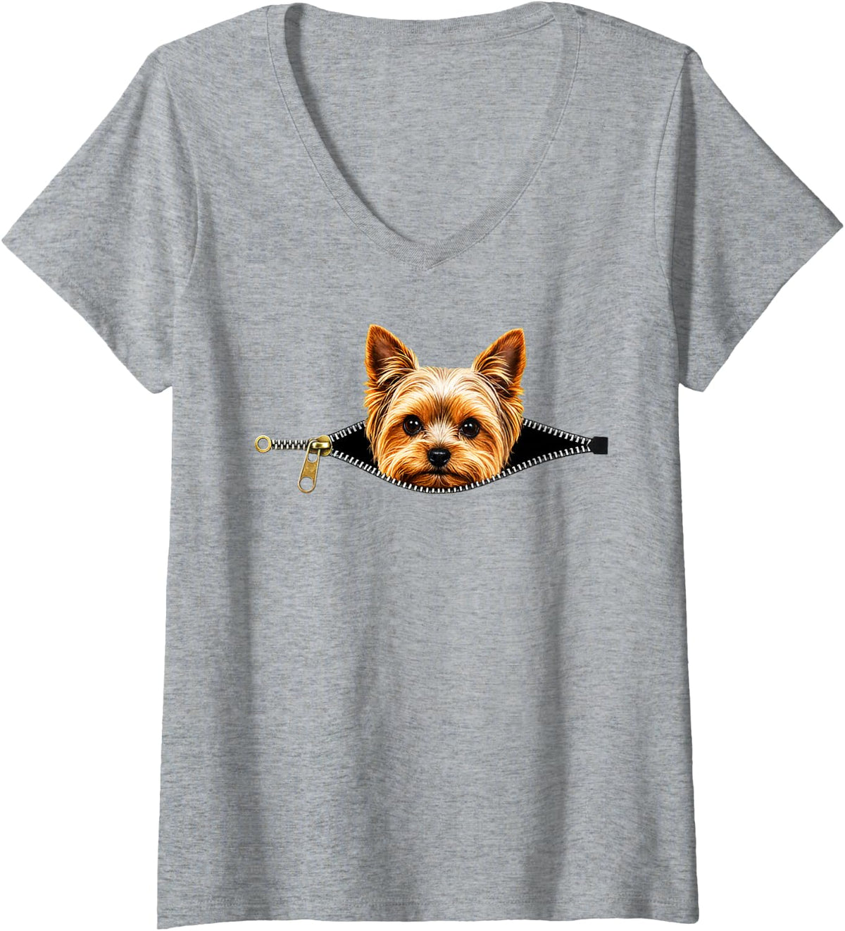 Women's Lovely Yorkshire Terrier Zipper Graphic Art V-Neck T-Shirt - Heather Grey