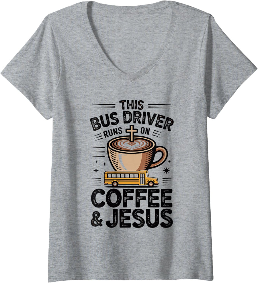Women's This Bus Driver Runs On Coffee and Funny School Bus Driver V-Neck T-Shirt - Heather Grey