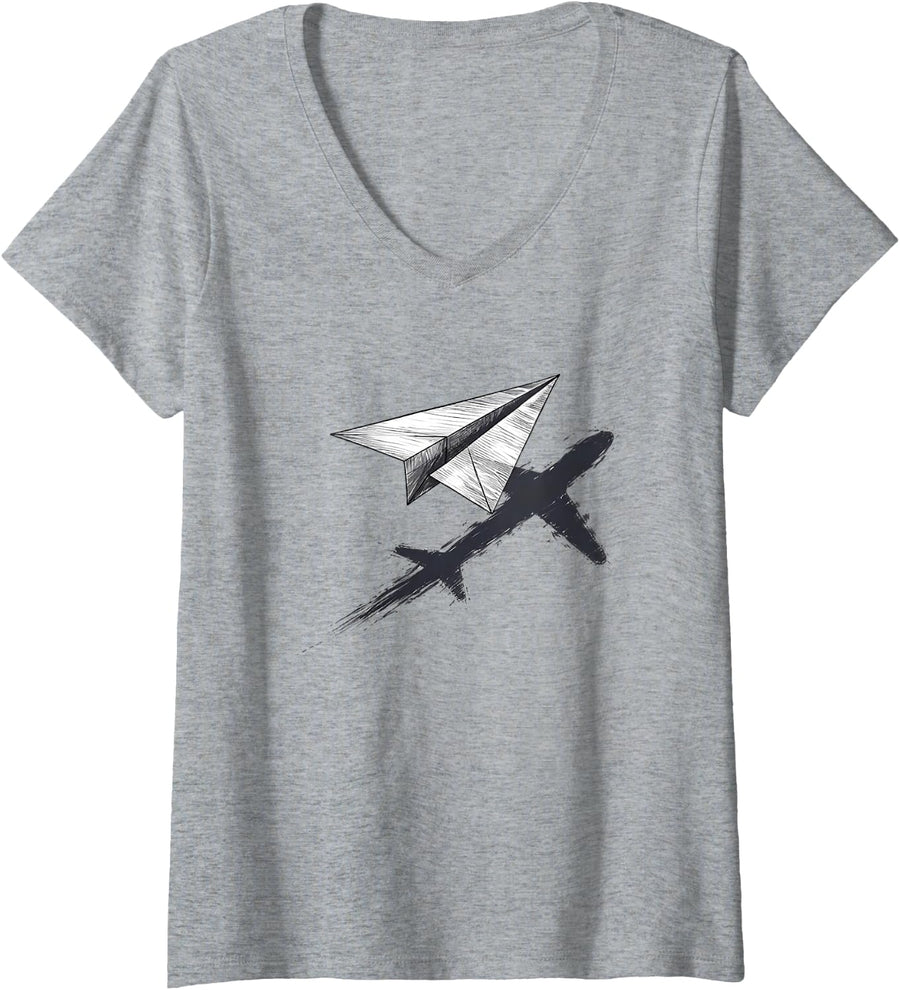 Women's Paper Airplane Shirt Aircraft Travel Lover Aviation Graphic V-Neck T-Shirt - Heather Grey
