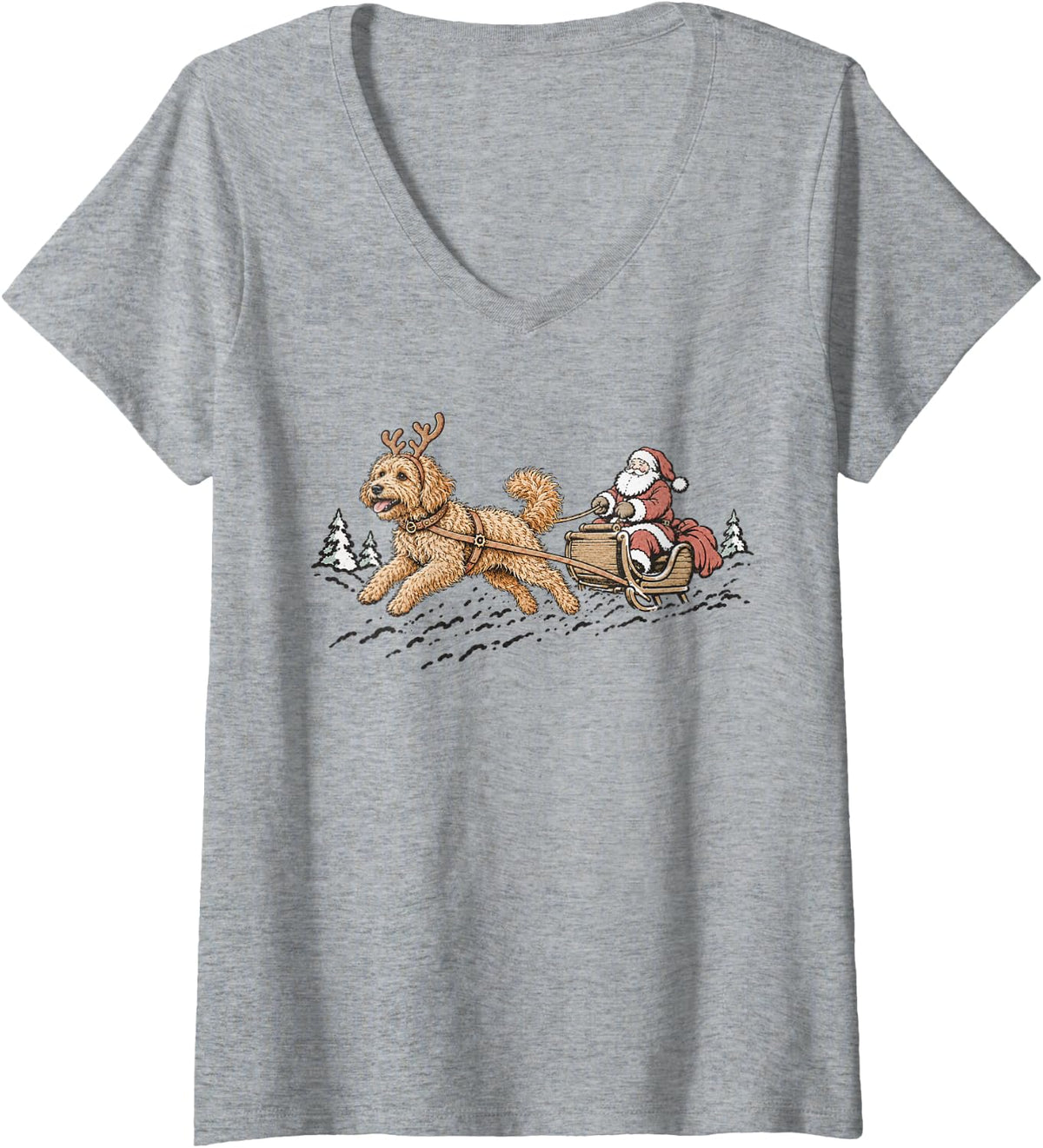 Women's Goldendoodle Sleighing Santa Claus Christmas Dog Lover V-Neck T-Shirt - Heather Grey
