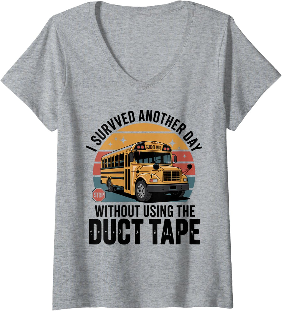 Women's I Survived Another Day Without Using Funny School Bus Driver V-Neck T-Shirt - Heather Grey