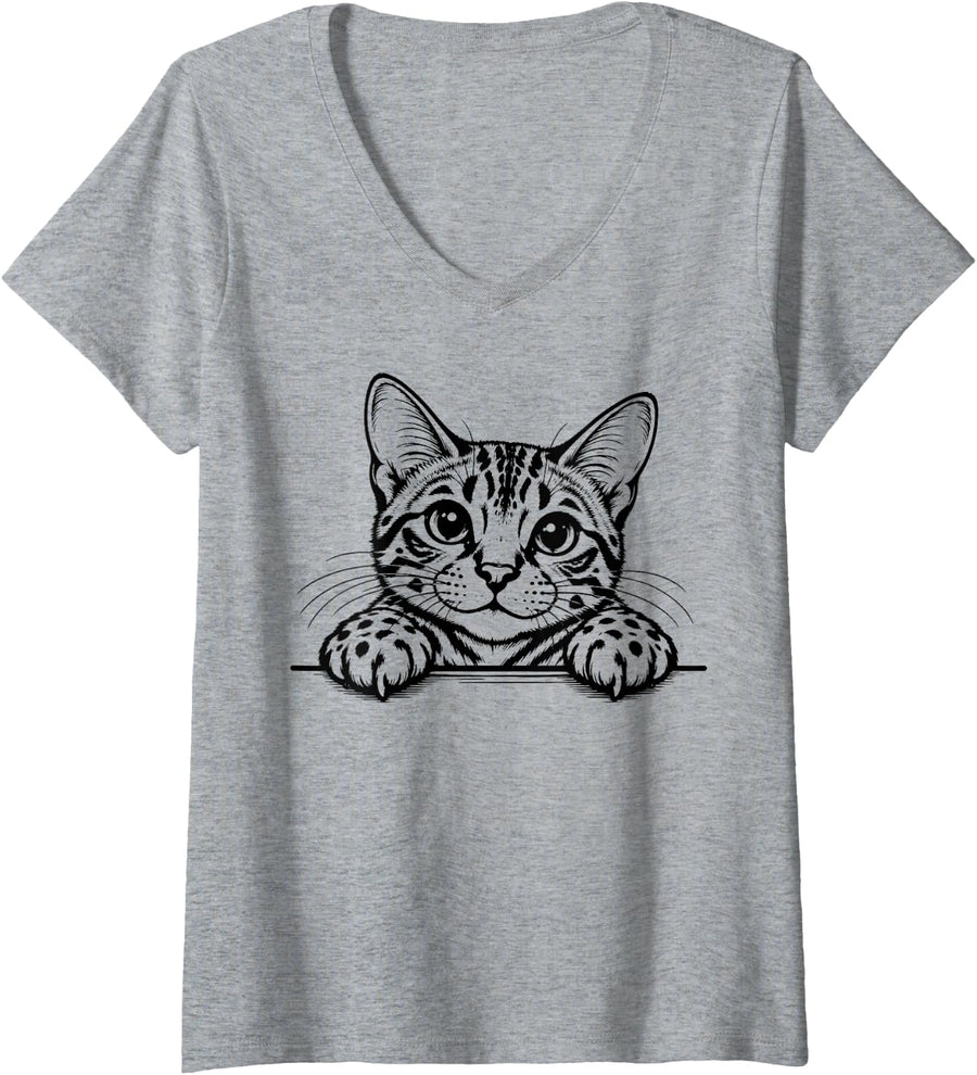 Women's Bengal Cat Mom Dad Line Drawing Kitten V-Neck T-Shirt - Heather Grey