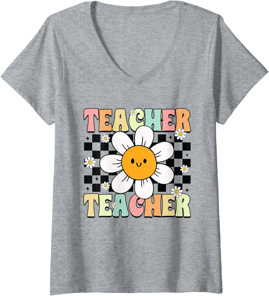 Women's Groovy 70s Teacher Flower Shirt Back to School V-Neck T-Shirt - Heather Grey