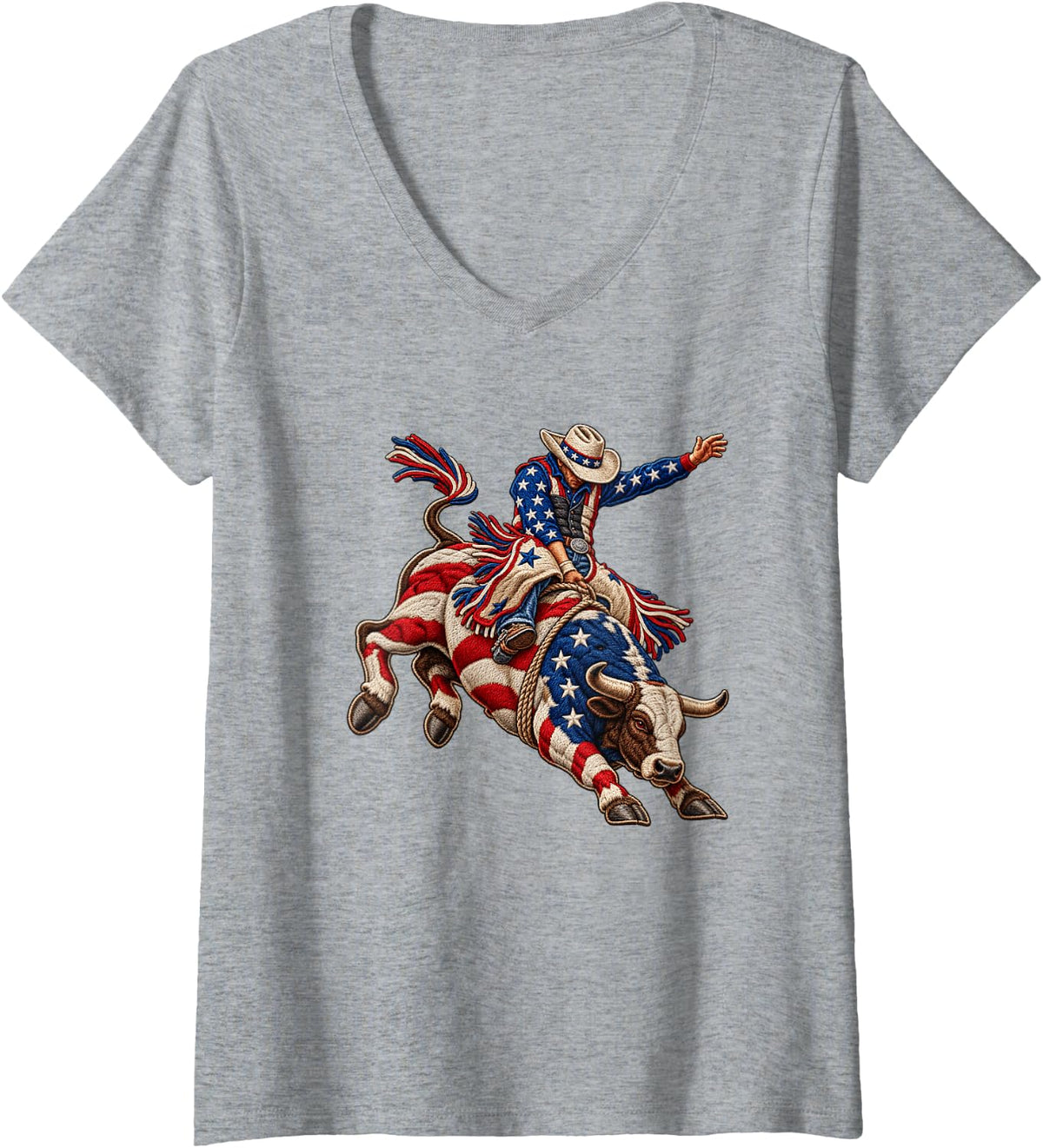 Women's American Rodeo Riding Bull Retro USA Vintage Souvenir Kids V-Neck T-Shirt - Heather Grey