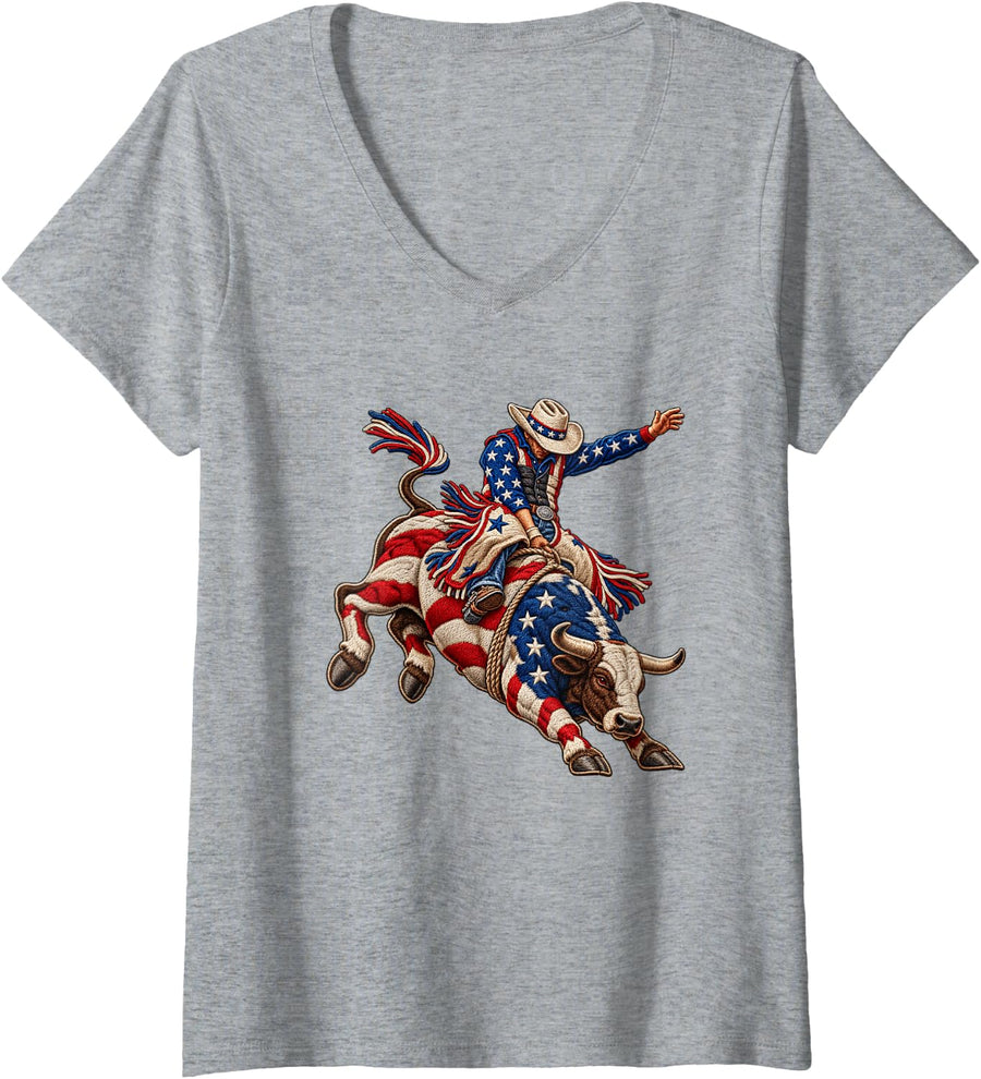 Women's American Rodeo Riding Bull Retro USA Vintage Souvenir Kids V-Neck T-Shirt - Heather Grey