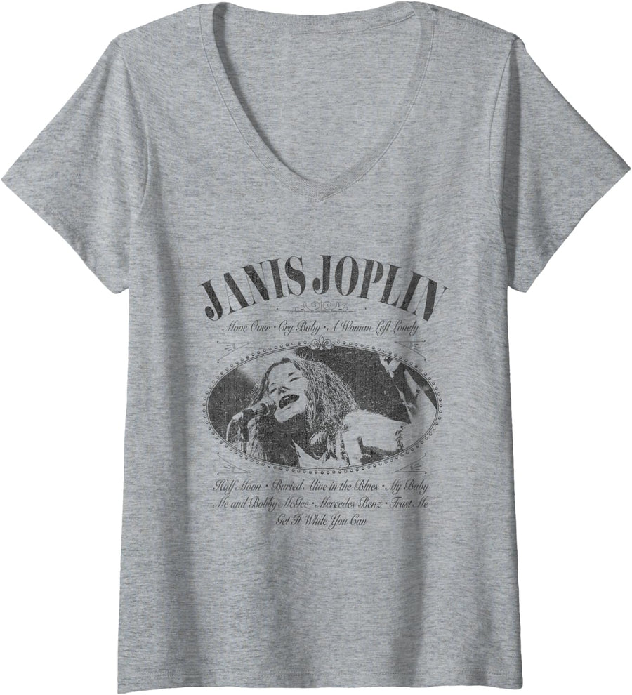Womens Janis Joplin Pearl Bottle Label V-Neck T-Shirt - Heather Grey