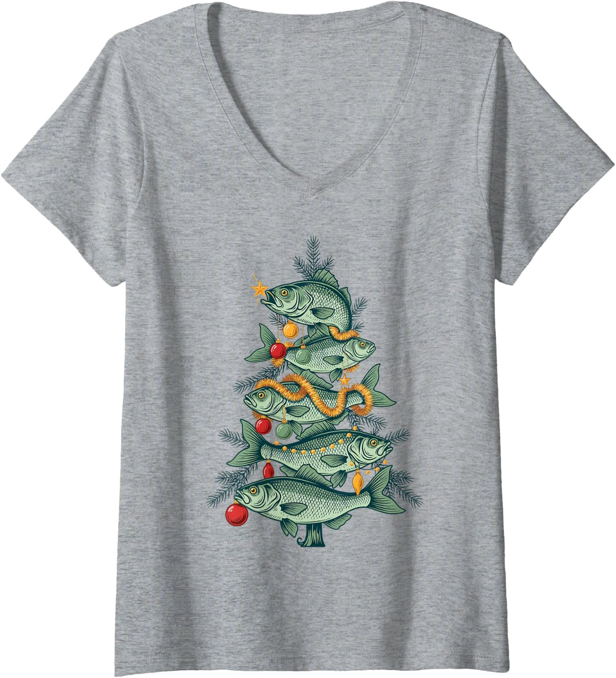 Women's Fishing Christmas Tree Funny Xmas Fish Fisherman V-Neck T-Shirt - Heather Grey