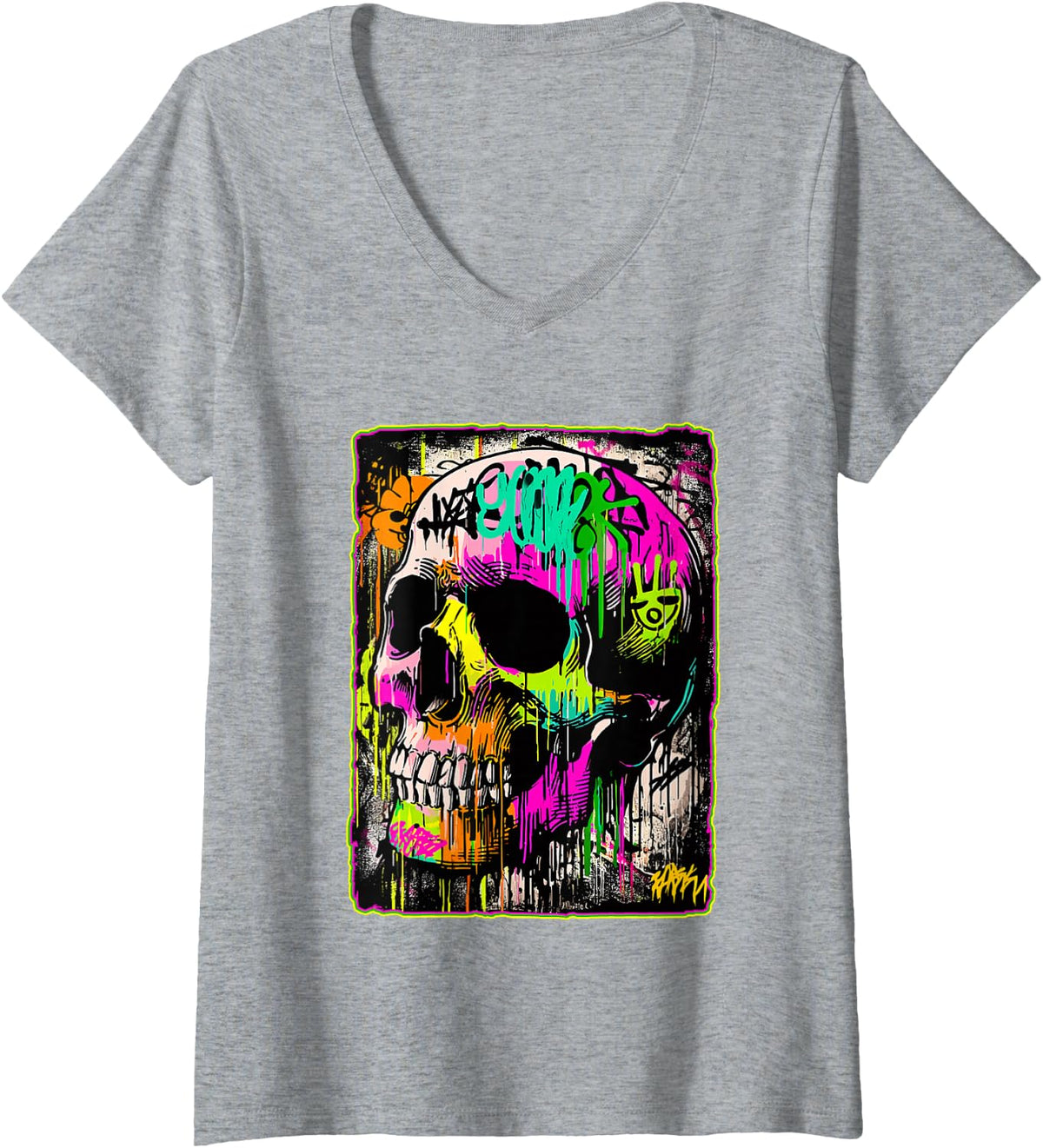 Women's Artistic Punk Skull Graffiti Grunge Skeleton Art Urban 90s V-Neck T-Shirt - Heather Grey