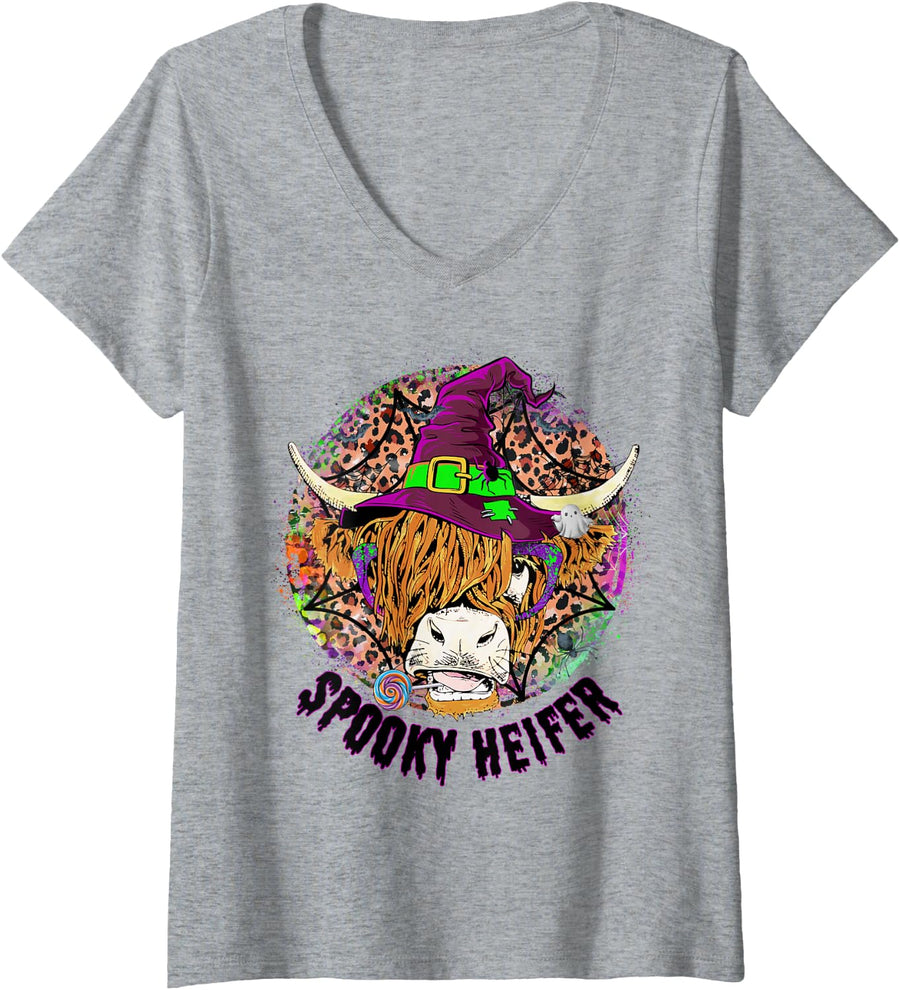 Women's Leopard Halloween Highland Cow Pumpkin Spooky Heifer V-Neck T-Shirt - Heather Grey