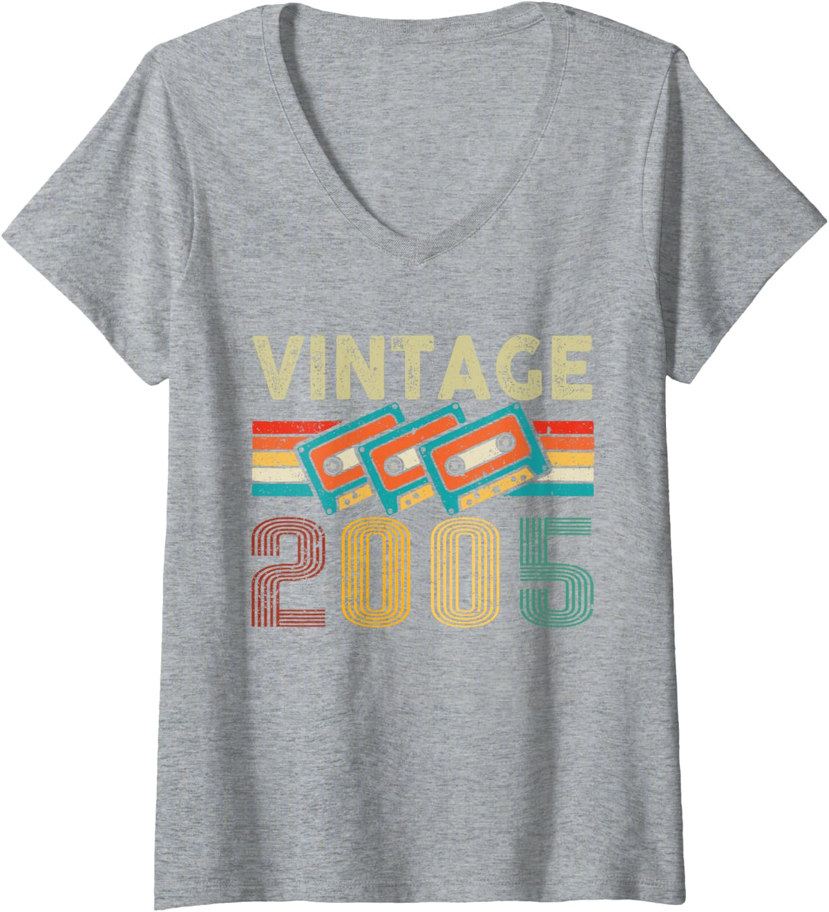 Women's Vintage 2005 Classic Birthday Vintage 2005 Cassette Tape V-Neck T-Shirt - Heather Grey