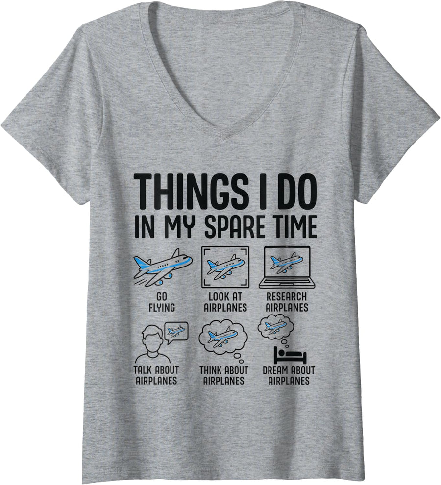 Women's Funny Airplanes Lover Things I Do in My Spare Time Airplane V-Neck T-Shirt - Heather Grey