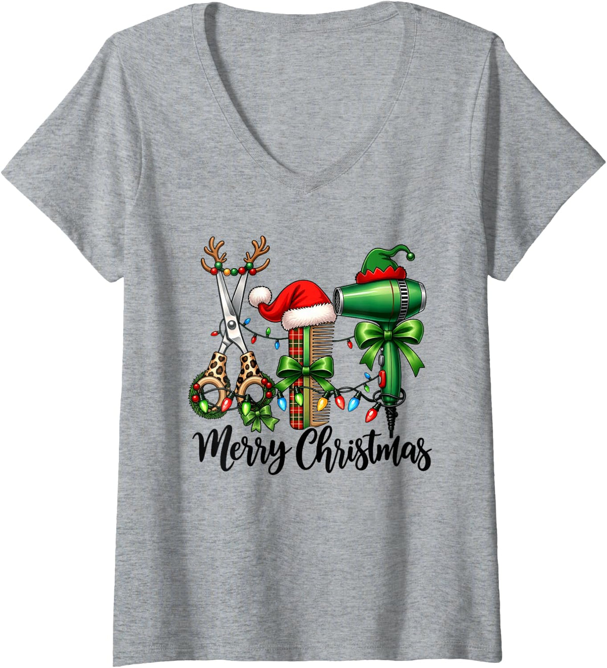 Women's Funny Christmas Hairstylist Holiday Salon Hairdresser Xmas V-Neck T-Shirt - Heather Grey