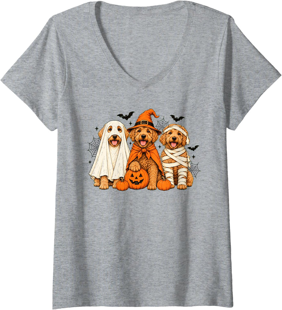 Women's Halloween Goldendoodle Dog Lover Spooky Season Pumpkin Women V-Neck T-Shirt - Heather Grey