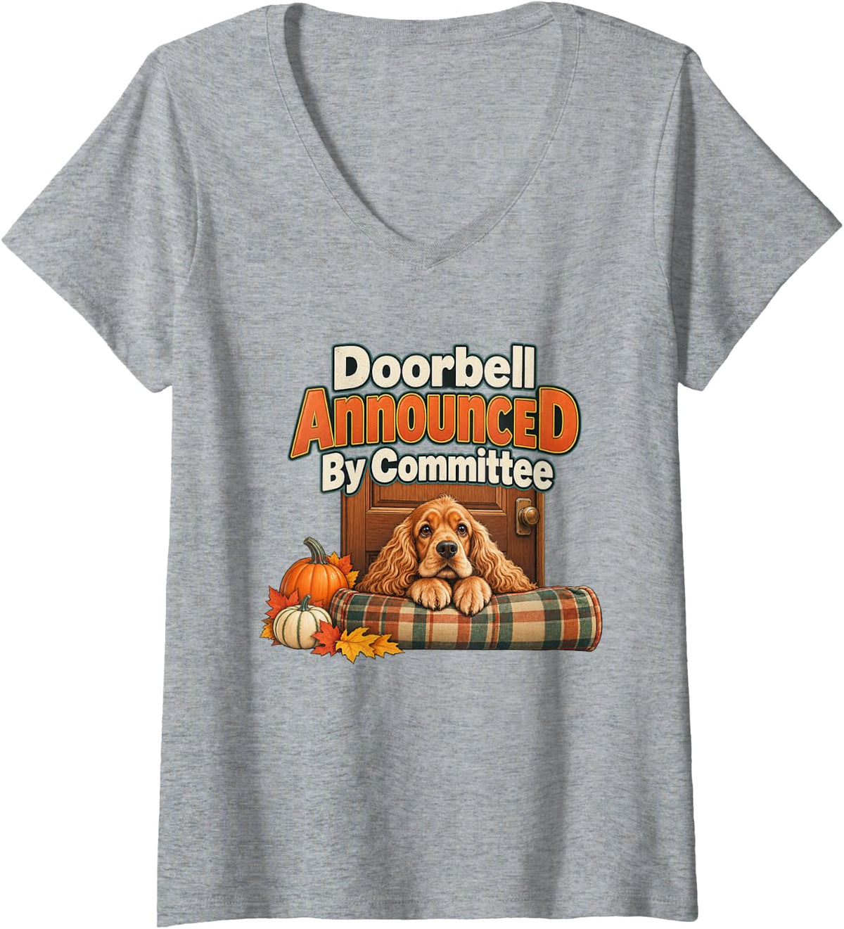 Women's Doorbell Announced By Committee Cocker Spaniel Graphic V-Neck T-Shirt - Heather Grey