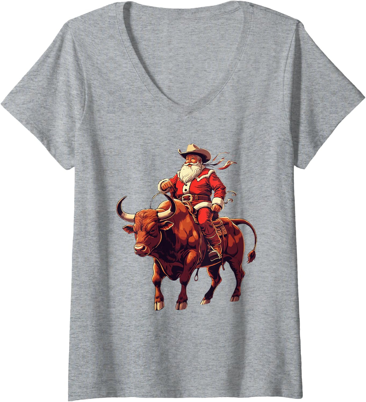 Women's Cowboy Santa Bull Riding Rodeo Western Christmas V-Neck T-Shirt - Heather Grey