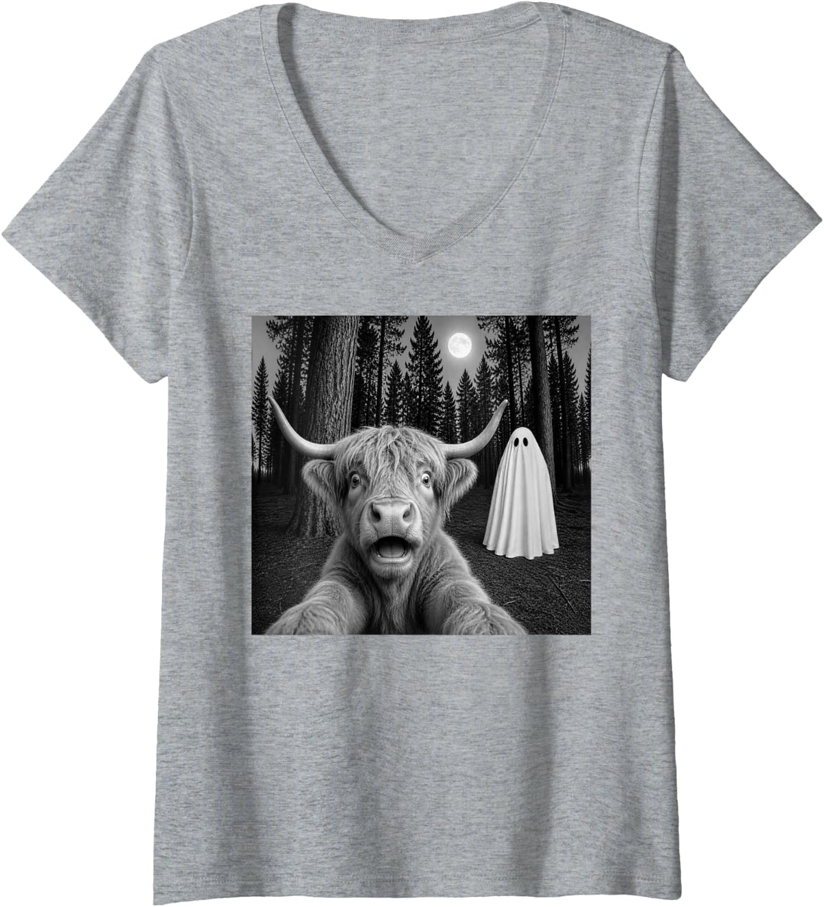 Women's Spooky Scottish Highland Cow Selfie with Ghost Halloween V-Neck T-Shirt - Heather Grey