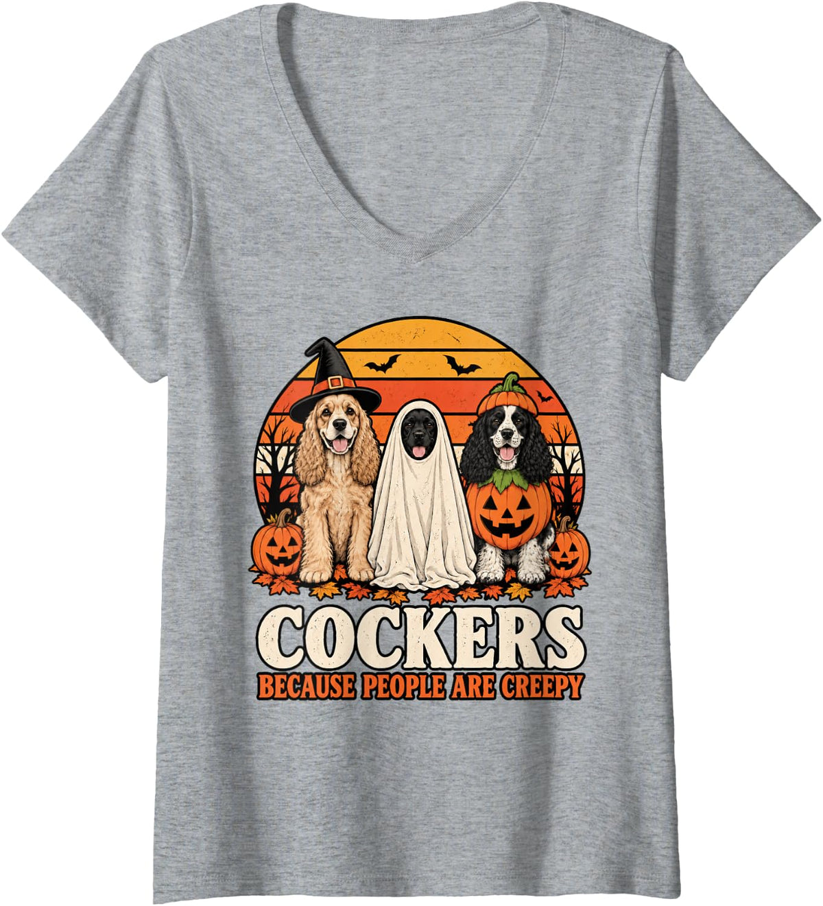 Women's Cockers Because People are Creepy Halloween Cocker Spaniel V-Neck T-Shirt - Heather Grey
