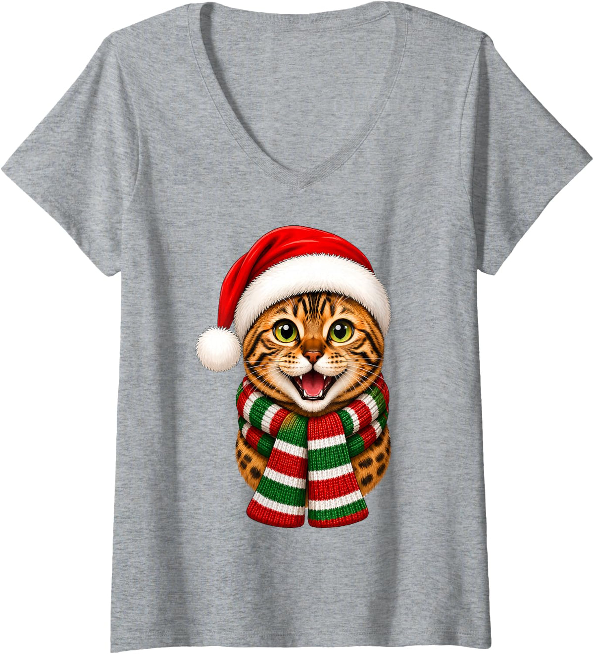Women's Bengal Cat Christmas Santa Hat Scarf Fun Animal Lover Xmas V-Neck T-Shirt - Heather Grey