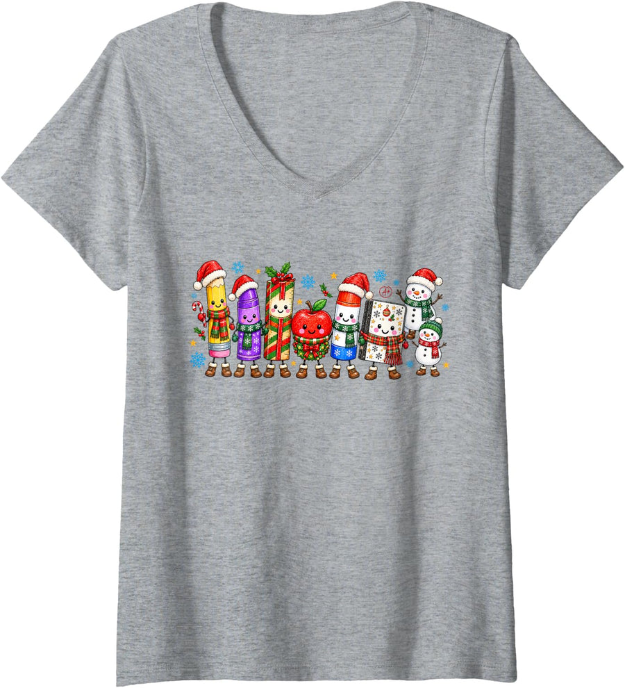 Women's Cute School Supplies Santa Hat Christmas Teachers Classroom V-Neck T-Shirt - Heather Grey