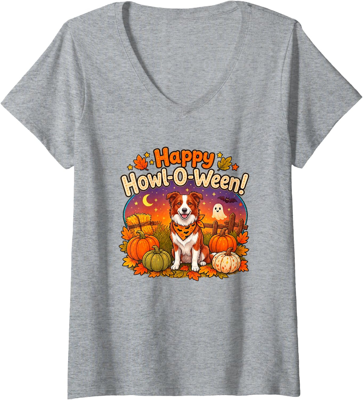 Women's Womens Kids Halloween Howl O Ween Red Border Collie Lover V-Neck T-Shirt - Heather Grey