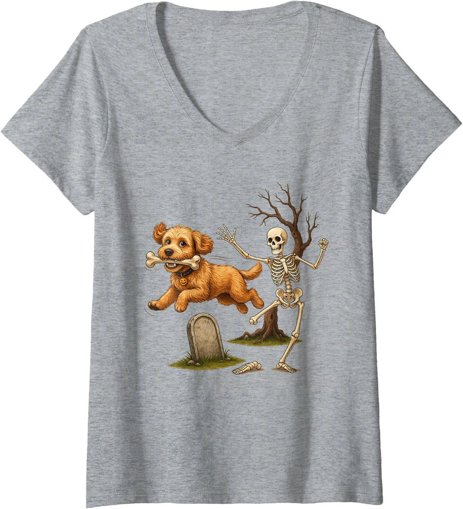 Women's Golden Doodle Stealing Bone from Skeleton Halloween V-Neck T-Shirt - Heather Grey