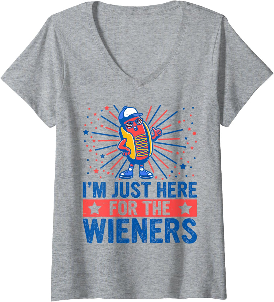 Womens Im Just Here for The Weiners 4th of July Funny Hot Dog V-Neck T-Shirt - Heather Grey