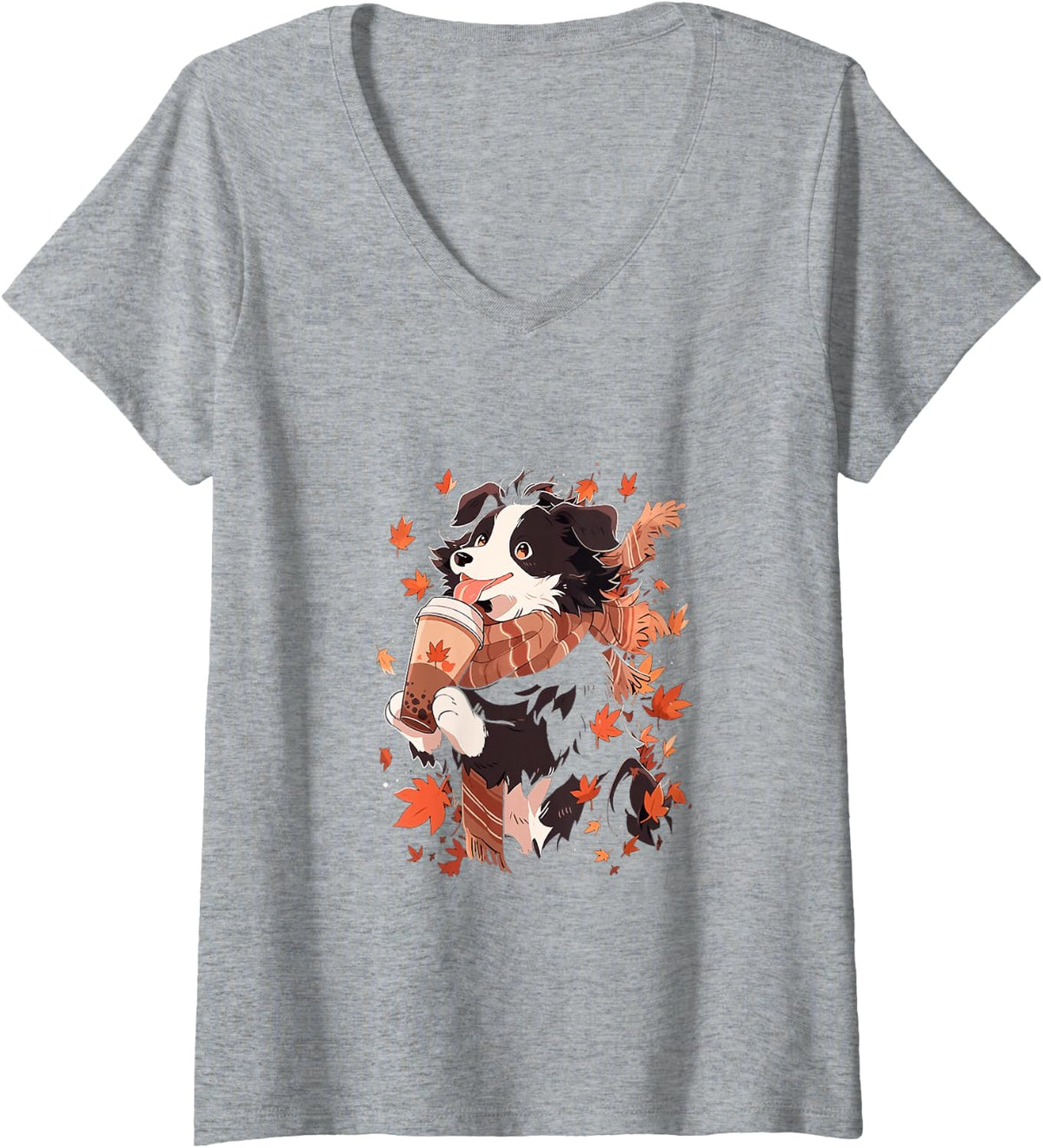 Women's Border Collie Autumn Leaves Pumpkin Spice Latte Kawaii V-Neck T-Shirt - Heather Grey