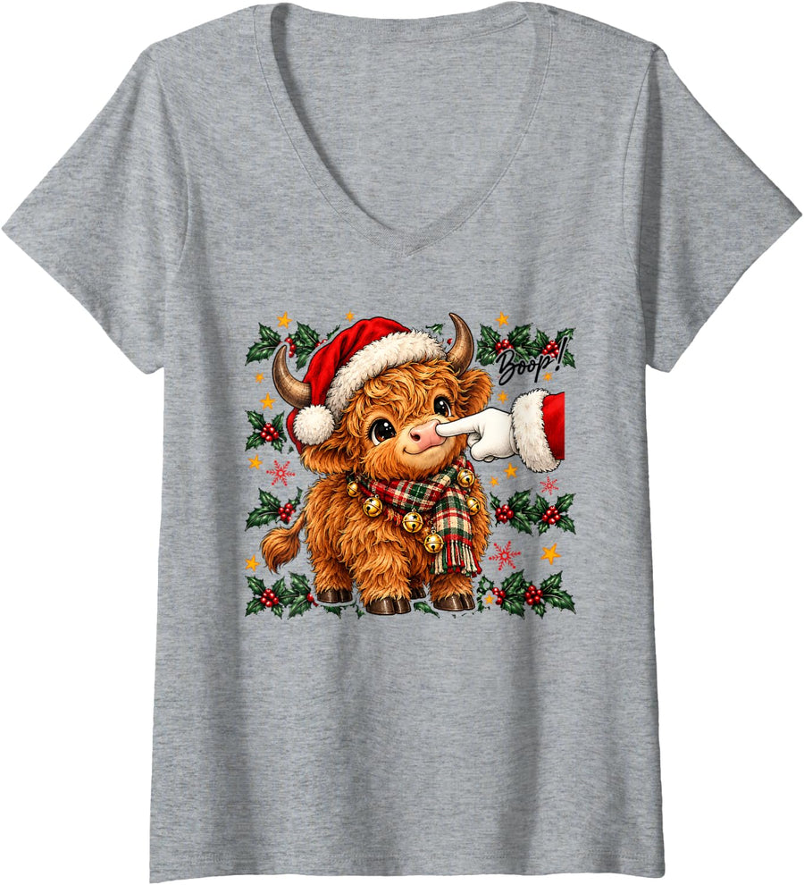 Women's Vintage Highland Cow Boop Christmas Santa Hat Cute Xmas V-Neck T-Shirt - Heather Grey