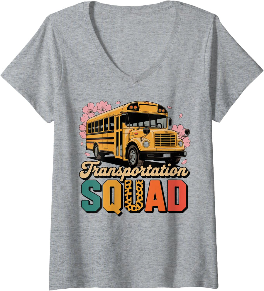Women's Transportation Squad for School Bus Driver Transport Crew V-Neck T-Shirt - Heather Grey