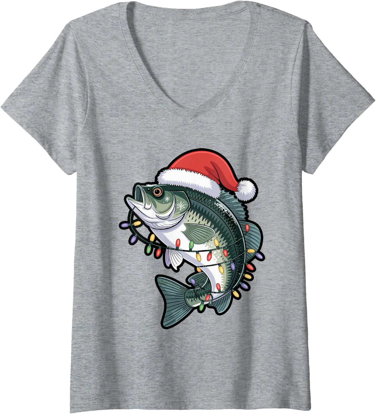 Women's Christmas Fishing Bass with Lights and Santa Hat V-Neck T-Shirt - Heather Grey