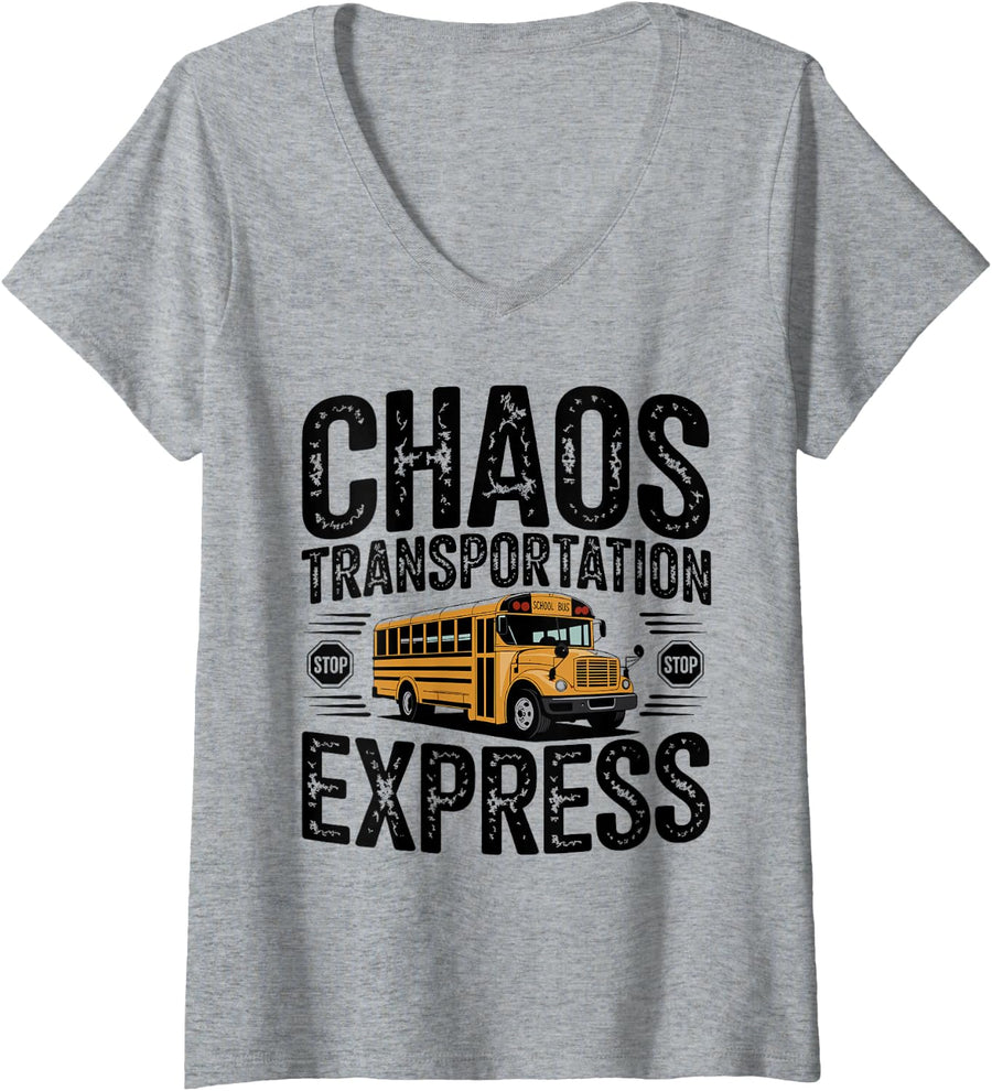 Women's Chaos Transportation Express Funny School Bus Driver V-Neck T-Shirt - Heather Grey