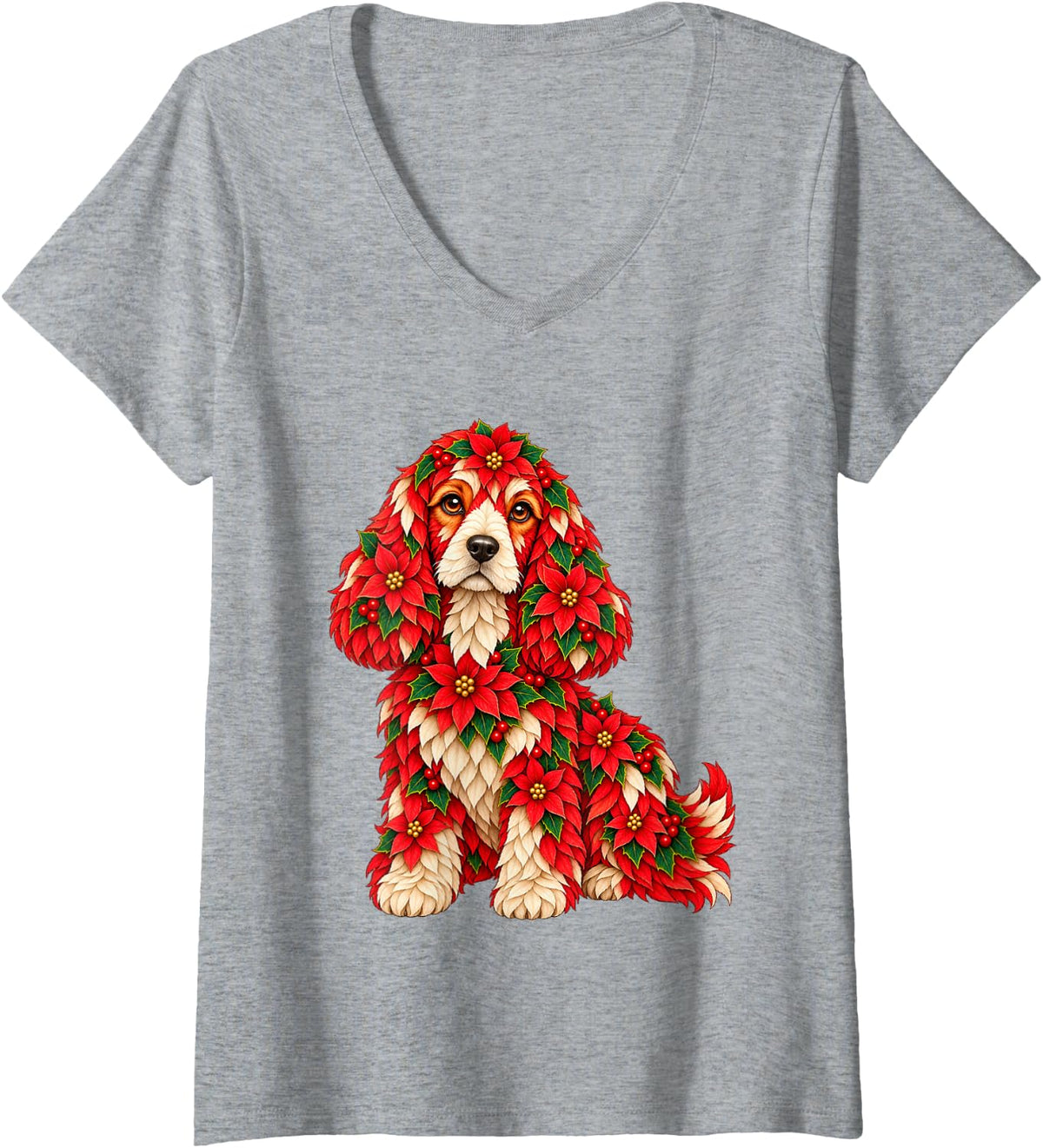 Women's Floral Christmas Cocker Spaniel with Poinsettia Flowers Xmas V-Neck T-Shirt - Heather Grey