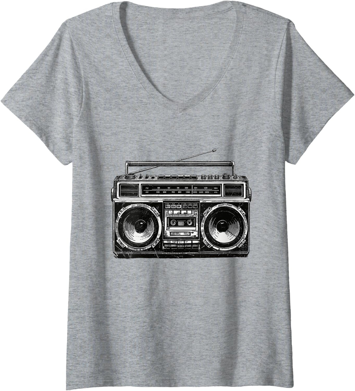 Women's Boombox Stereo R&B Hip Hop Old School Eighties 80s Music V-Neck T-Shirt - Heather Grey