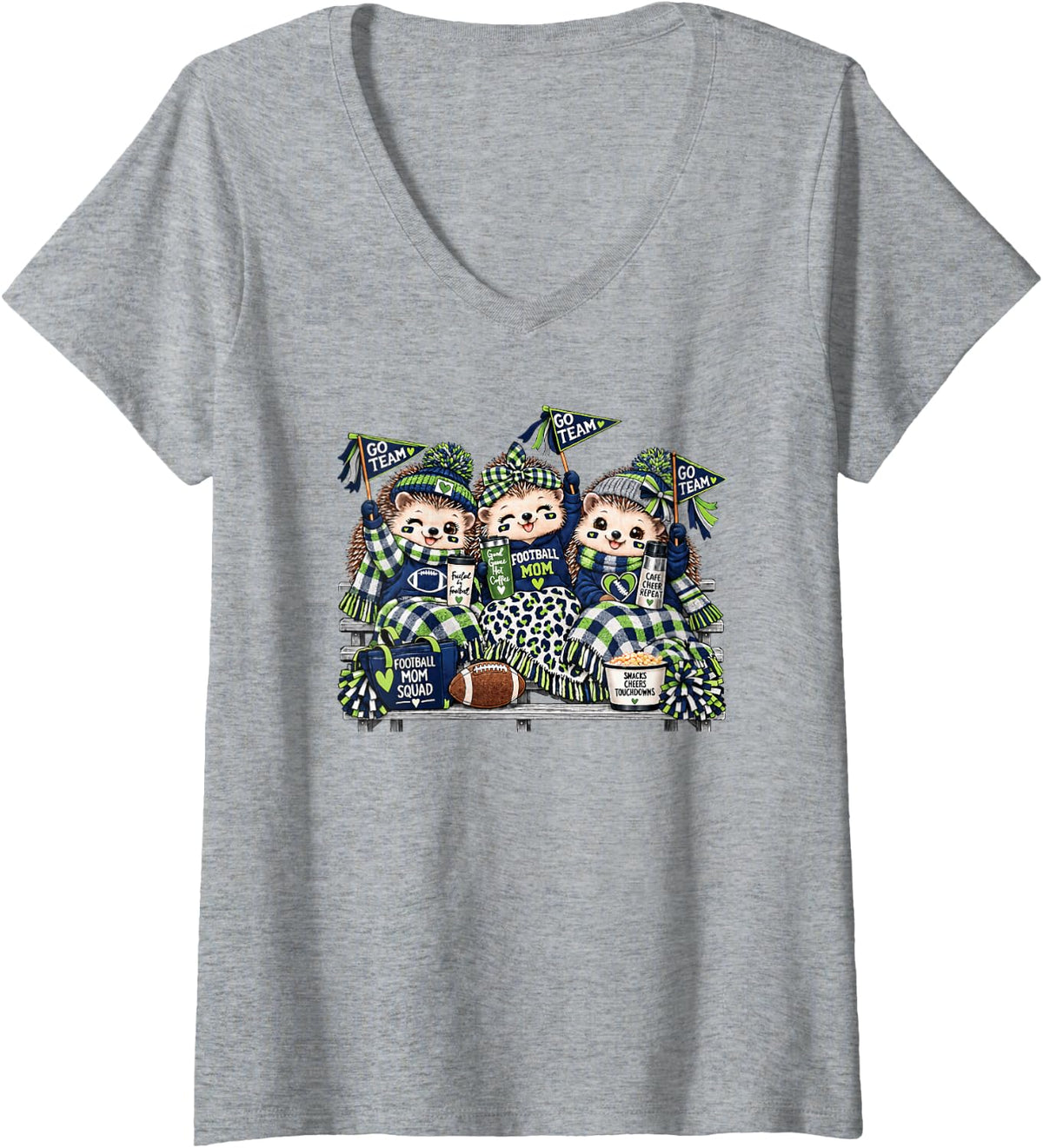 Women's Football Mom Squad Cute Hedgehog Game Day Cheer Blue Green V-Neck T-Shirt - Heather Grey