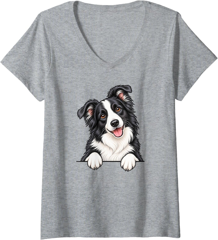 Women's Womens Girls Moms Peeking Pocket Black Border Collie Lover V-Neck T-Shirt - Heather Grey