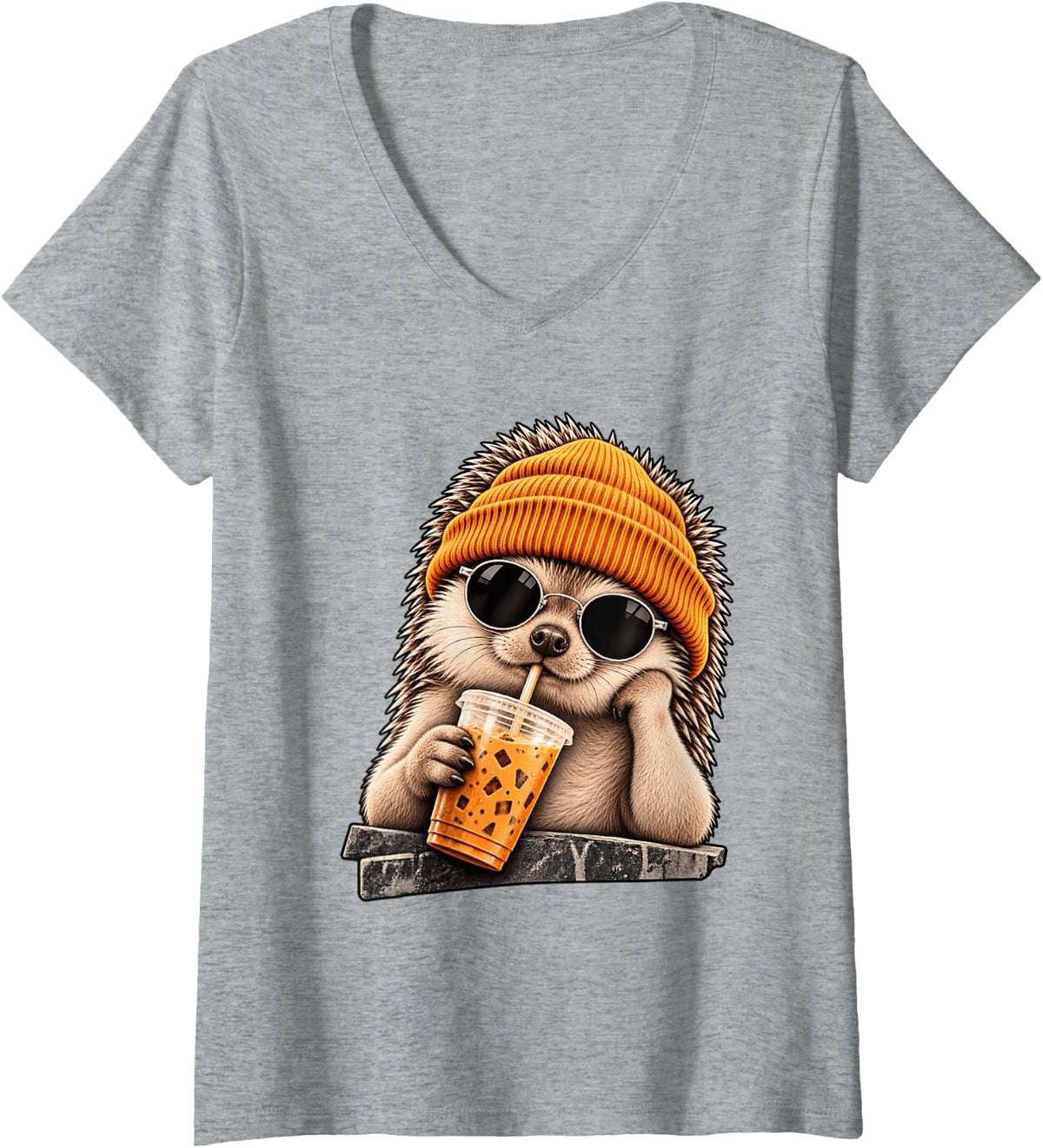 Women's Funny Hedgehog Hipster Drinking Iced Coffee Sunglasses V-Neck T-Shirt - Heather Grey