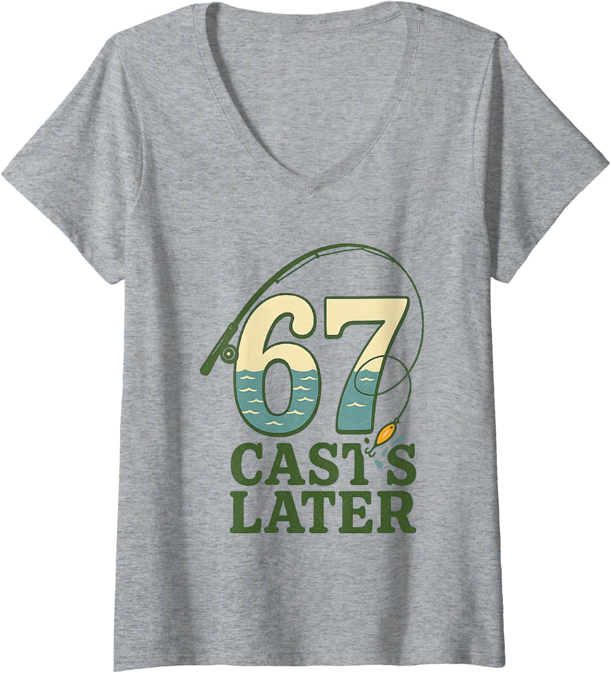 Women's 6 7 Meme Gen Alpha Retro Fishing Rod Lure Angler Bass Fisher V-Neck T-Shirt - Heather Grey