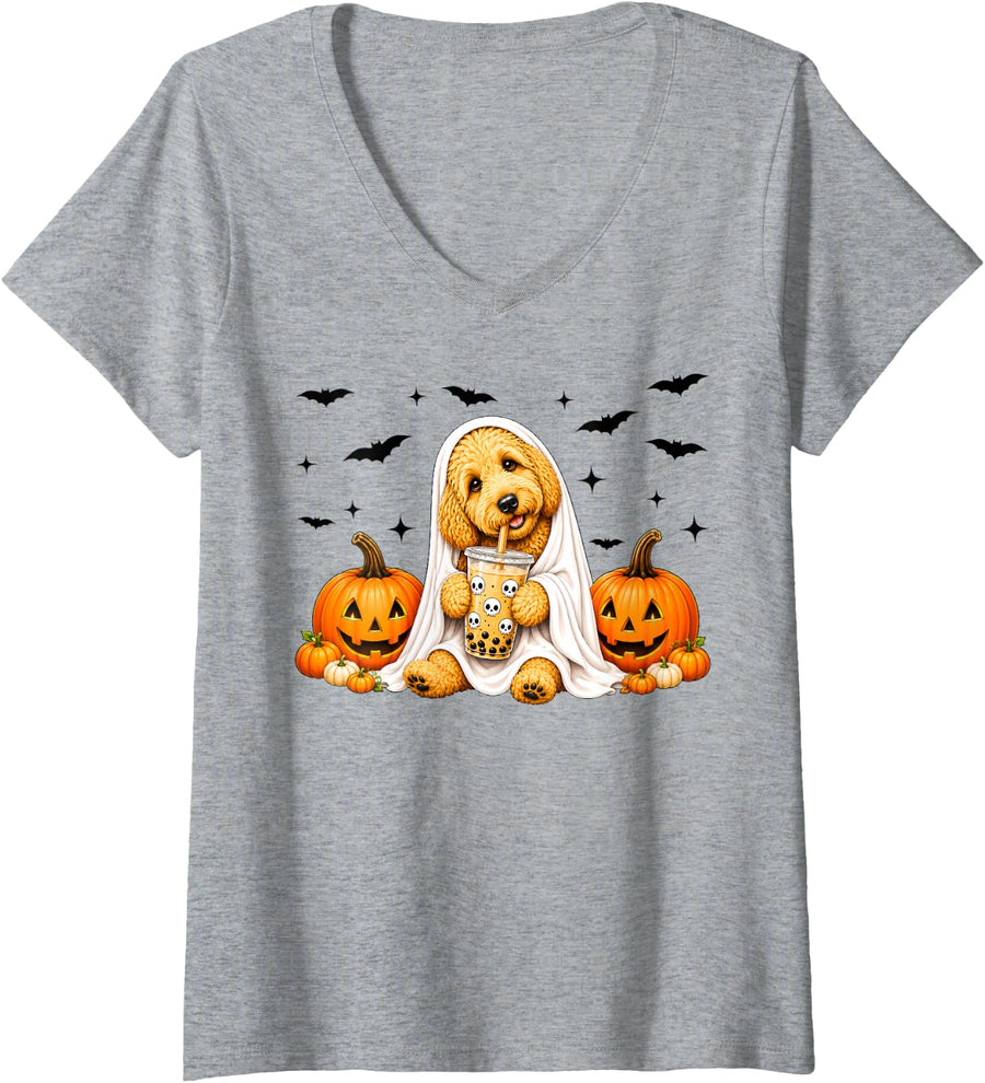 Women's Funny Goldendoodle Dog Ghost Drinking Boba Tea Halloween Day V-Neck T-Shirt - Heather Grey