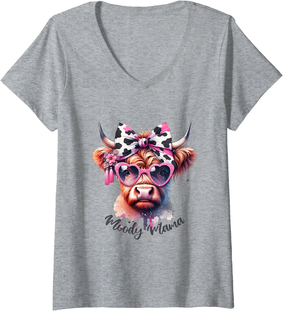 Women's Funny Highland Cow Mom Moody Mama Print Bow Messy Bun Pink V-Neck T-Shirt - Heather Grey
