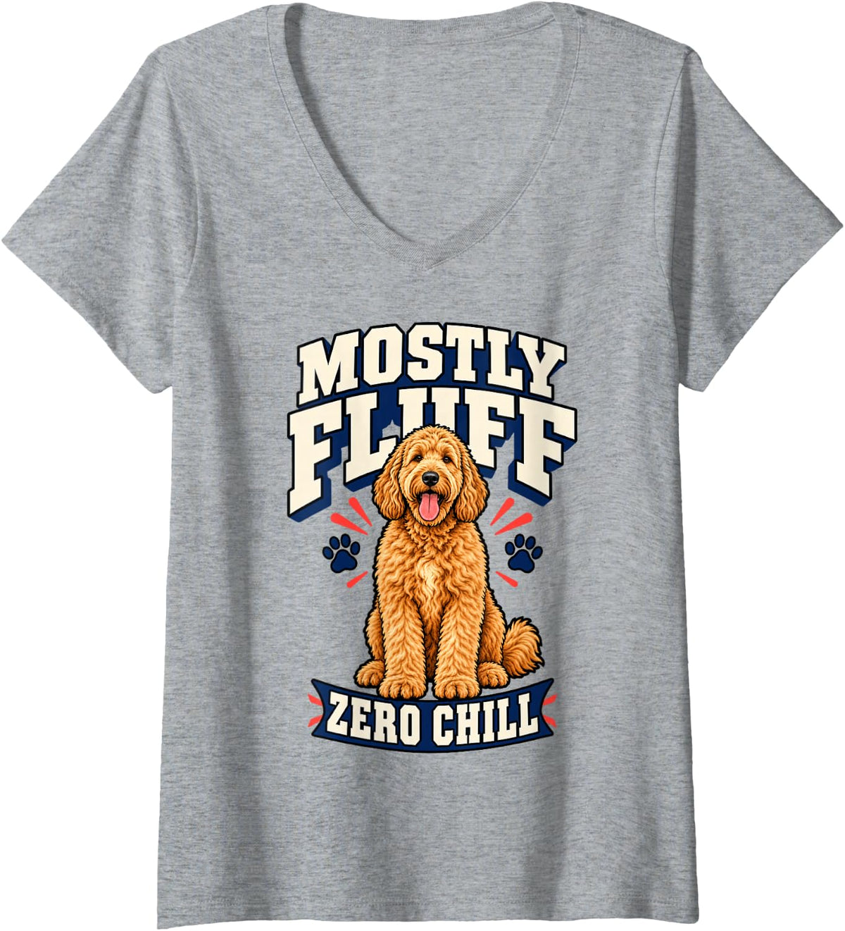 Women's Goldendoodle Mostly Fluff Zero Chill Dog Dad Funny Curly V-Neck T-Shirt - Heather Grey