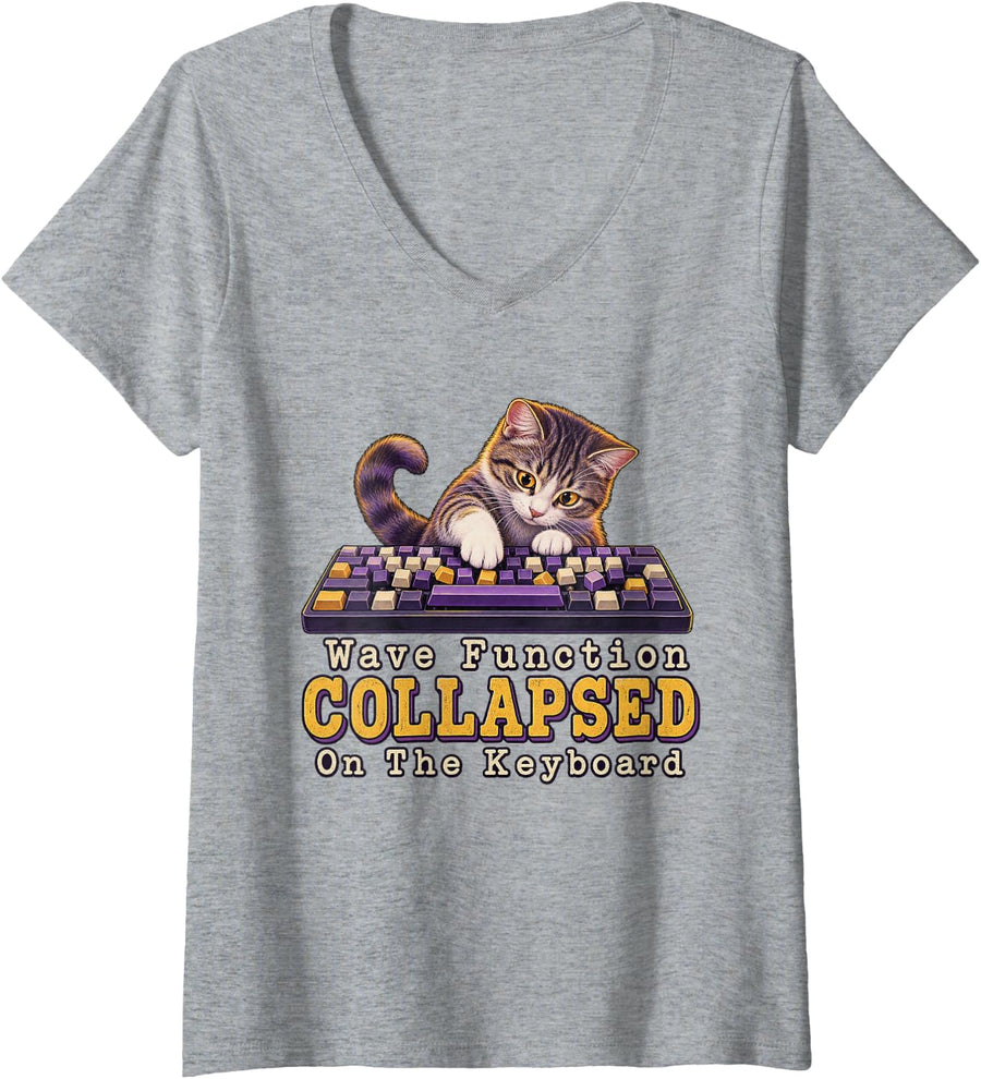 Women's Wave Function Collapsed On The Keyboard Physics Humor V-Neck T-Shirt - Heather Grey