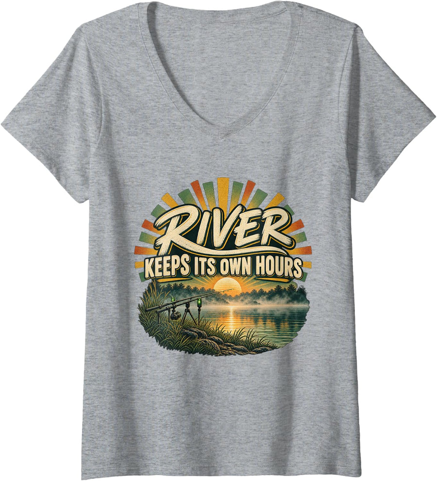 Women's River Keeps Its Own Hours Catfish Fishing Graphic V-Neck T-Shirt - Heather Grey