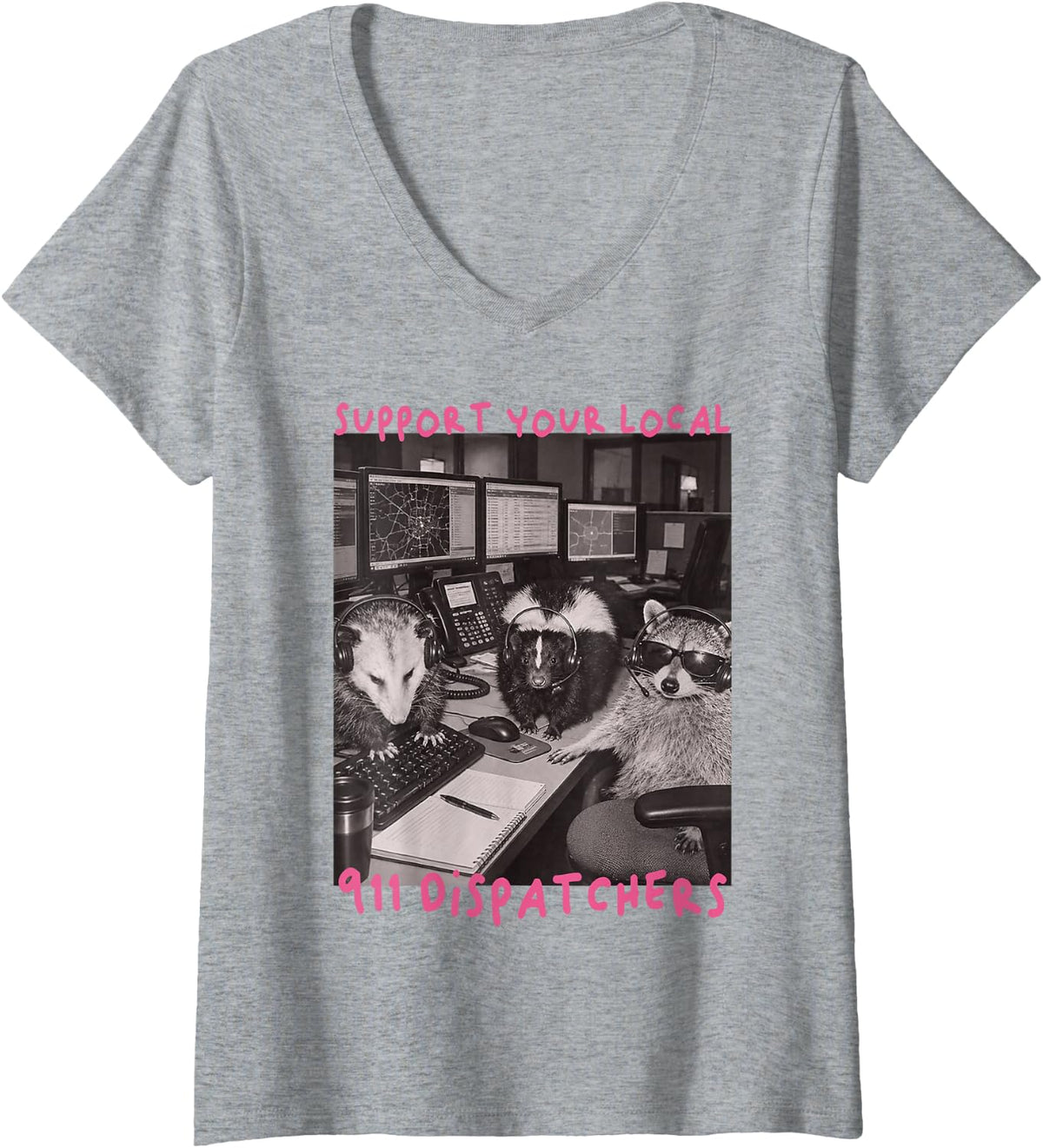 Women's Support Your Local 911 Dispatchers Funny Raccoon Meme V-Neck T-Shirt - Heather Grey