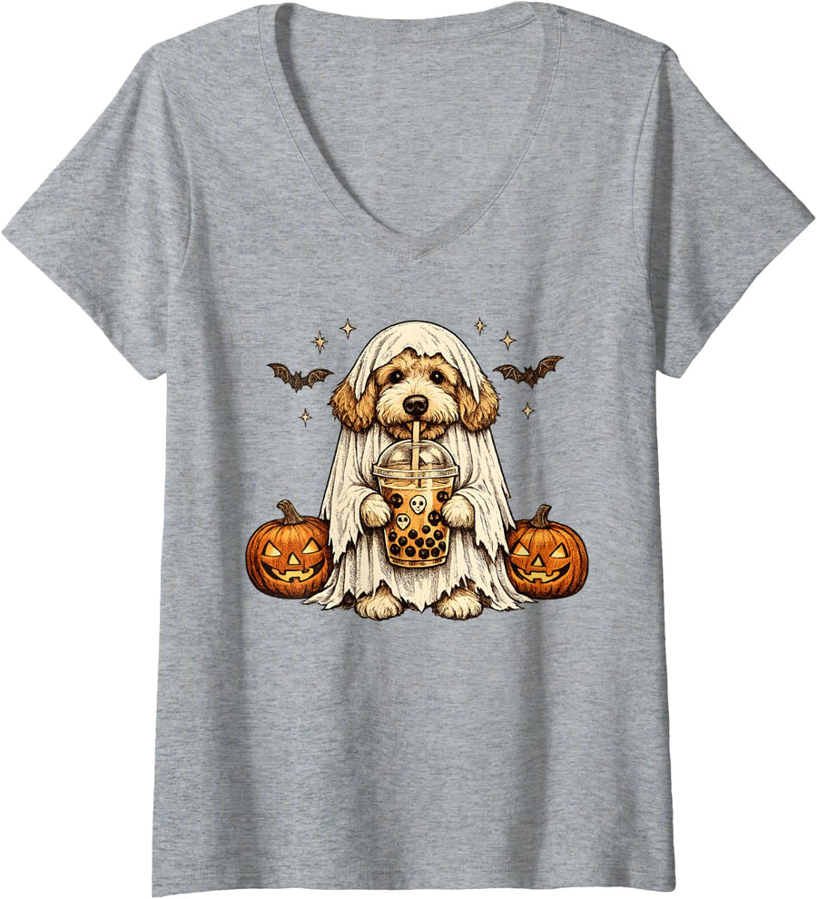 Women's Goldendoodle Ghost and Boba Cute Halloween Dog V-Neck T-Shirt - Heather Grey