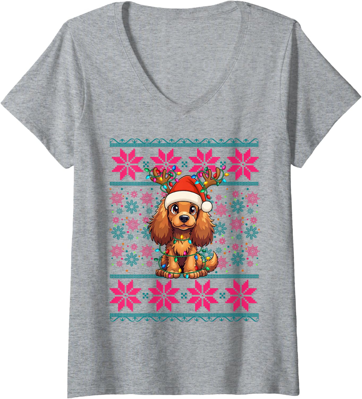 Women's Reindeer Santa Hat Ugly Christmas Cocker Spaniel Dog Girls V-Neck T-Shirt - Heather Grey
