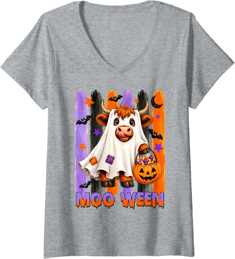 Women's Funny Ghost Costume Highland Cow Lover Moo Ween Halloween V-Neck T-Shirt - Heather Grey