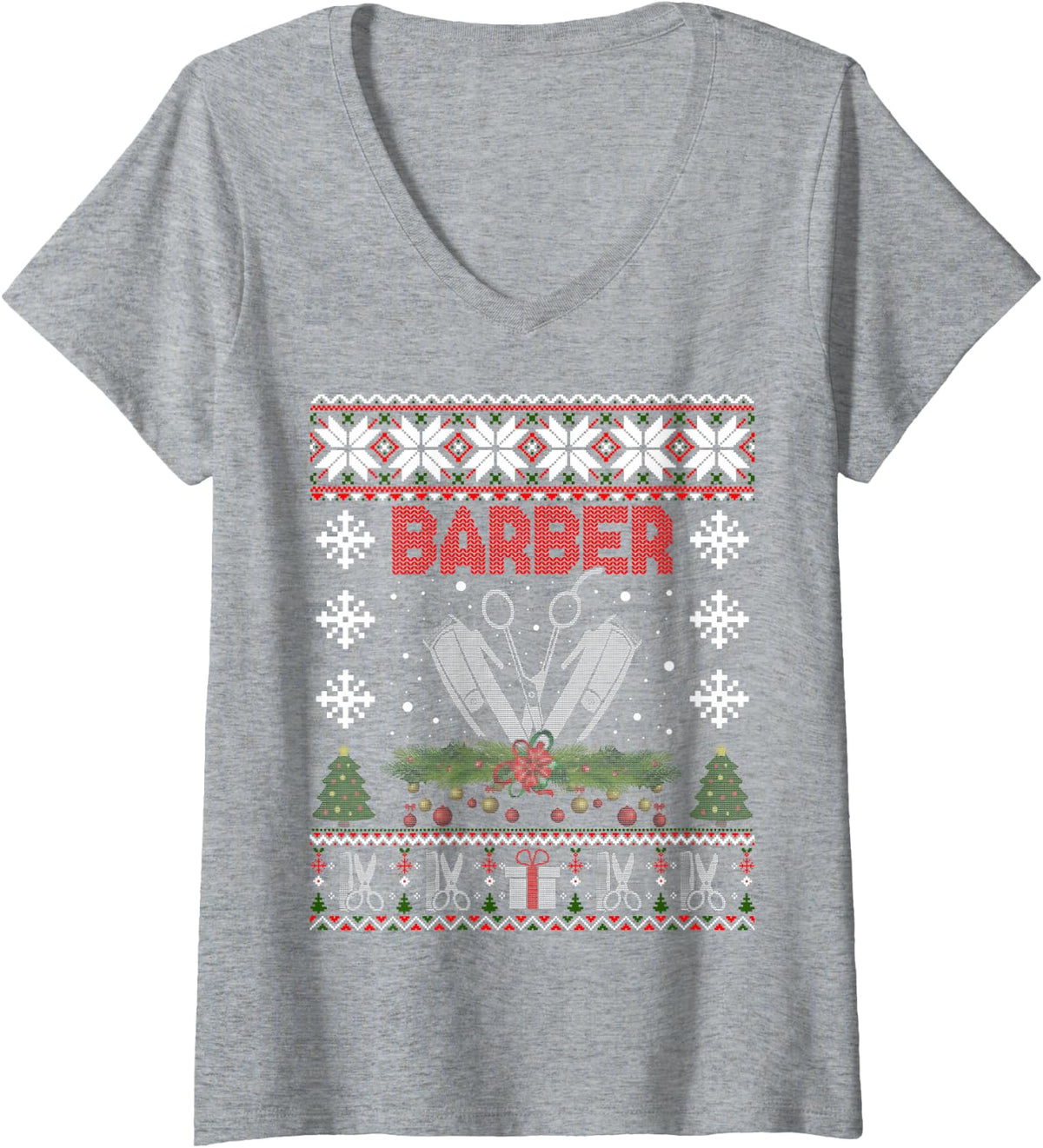 Women's Hair Trimmer Ugly Christmas Sweater Hairdresser Barber V-Neck T-Shirt - Heather Grey