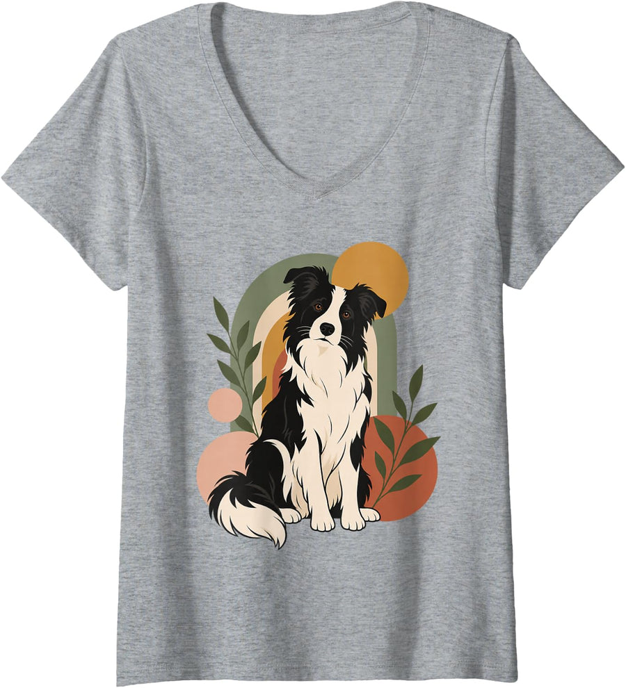 Women's Border Collie Boho Botanical Black White Dog Portrait Art V-Neck T-Shirt - Heather Grey