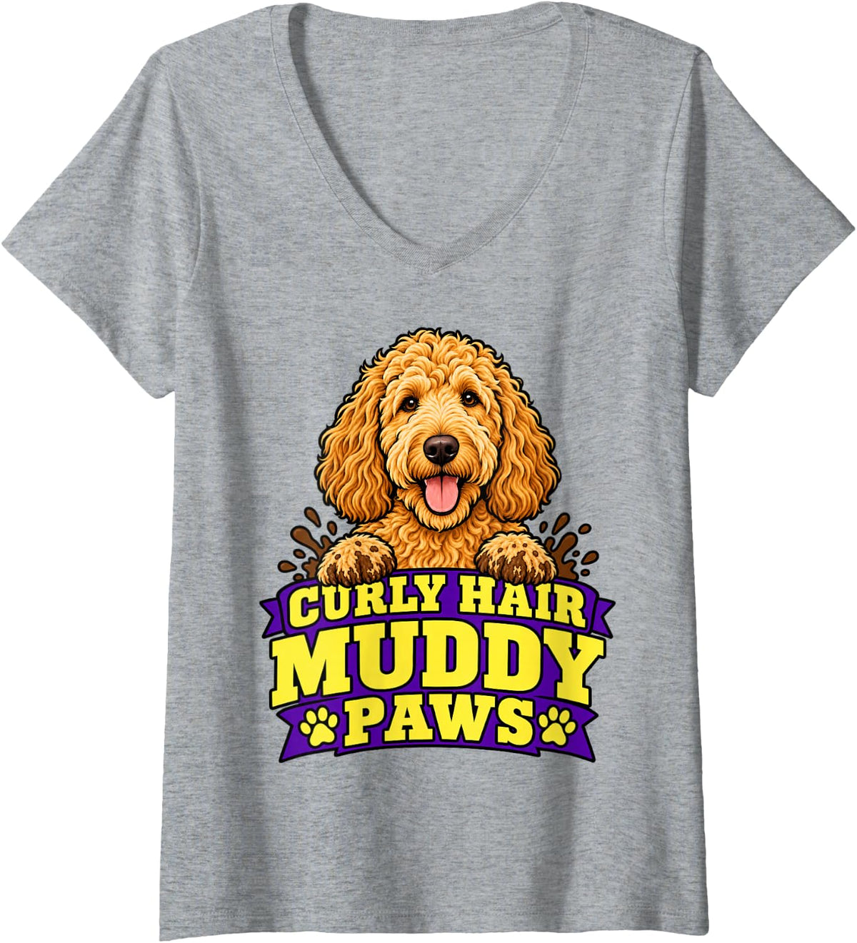 Women's Goldendoodle Curly Hair Muddy Paws Pet Owner Funny Pup V-Neck T-Shirt - Heather Grey